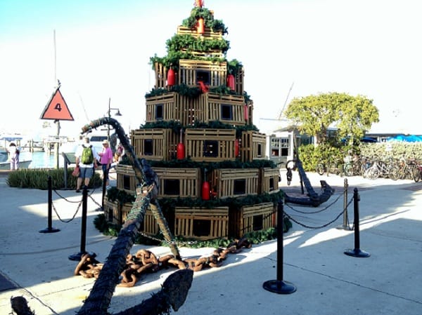 A Key West Christmas Tree Made from Wooden Lobster Traps and Red Boat Fenders